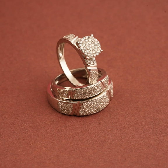Hitanshu Jewels Trio Ring Set, Round Cluster CZ Ring Set, 925 Sterling Silver Promise Ring Set, 14k White Gold Plated