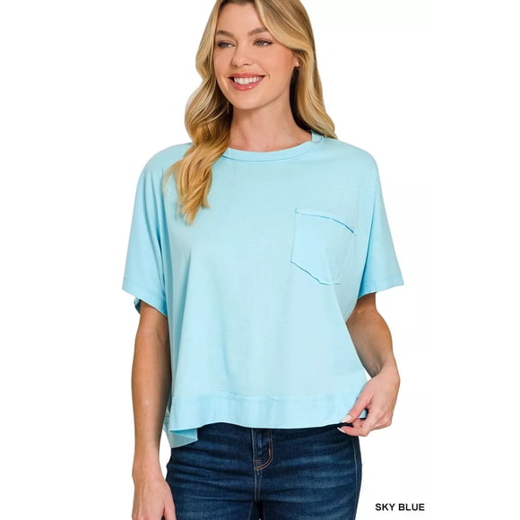 Je Suis une Accro de la Mode Zenana Haut Boxy à Coutures Exposées (Bleu Ciel, G/TG)