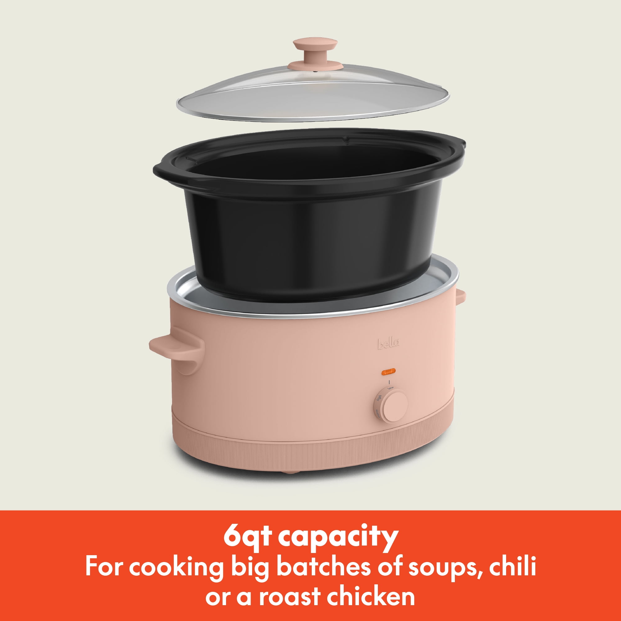 bella 6 Qt Manual Slow Cooker with 3 Temperature Settings, Ceramic Nonstick Coating, Dishwasher Safe Stoneware Pot & Tempered Glass Lid, Blossom