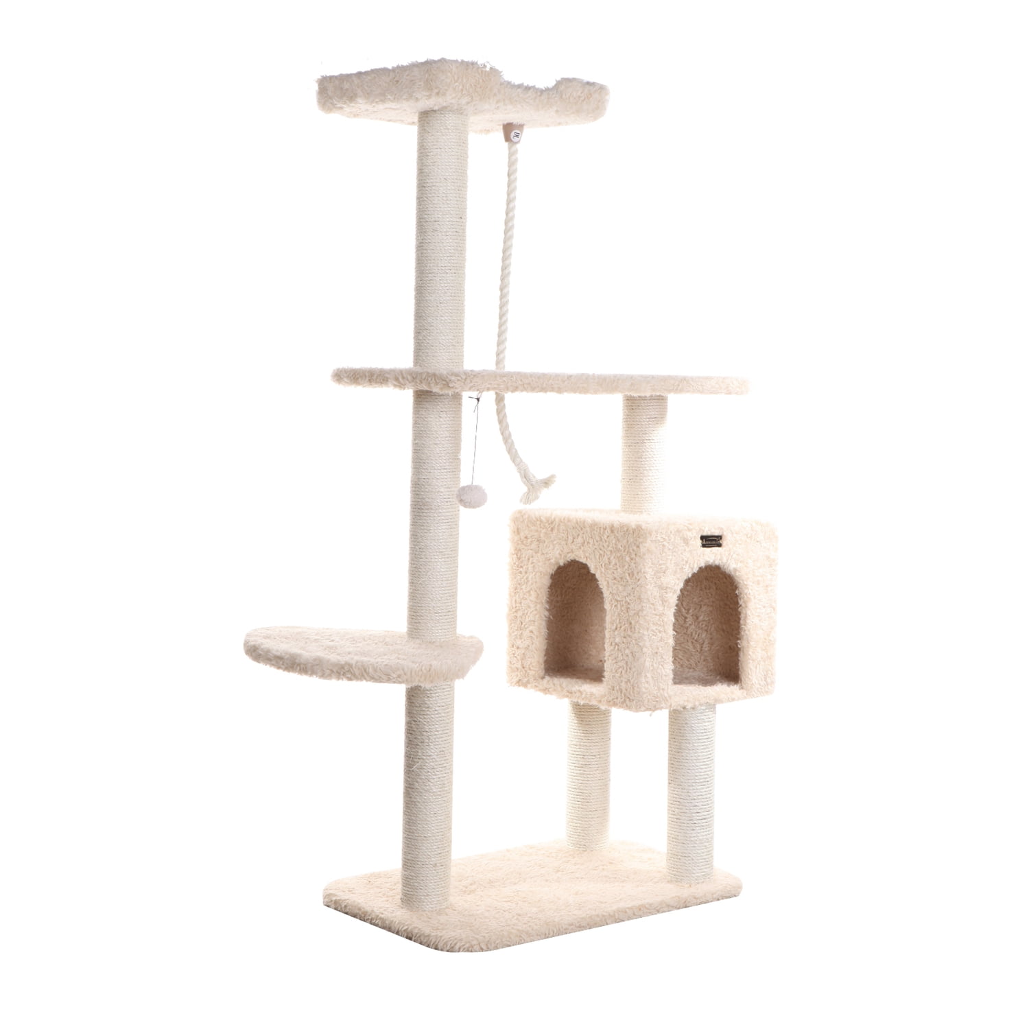 Cat Tree - Beige Faux Fur - 40" Tall - Playhouse, Ramp & Perch - 40 lb Weight Capacity