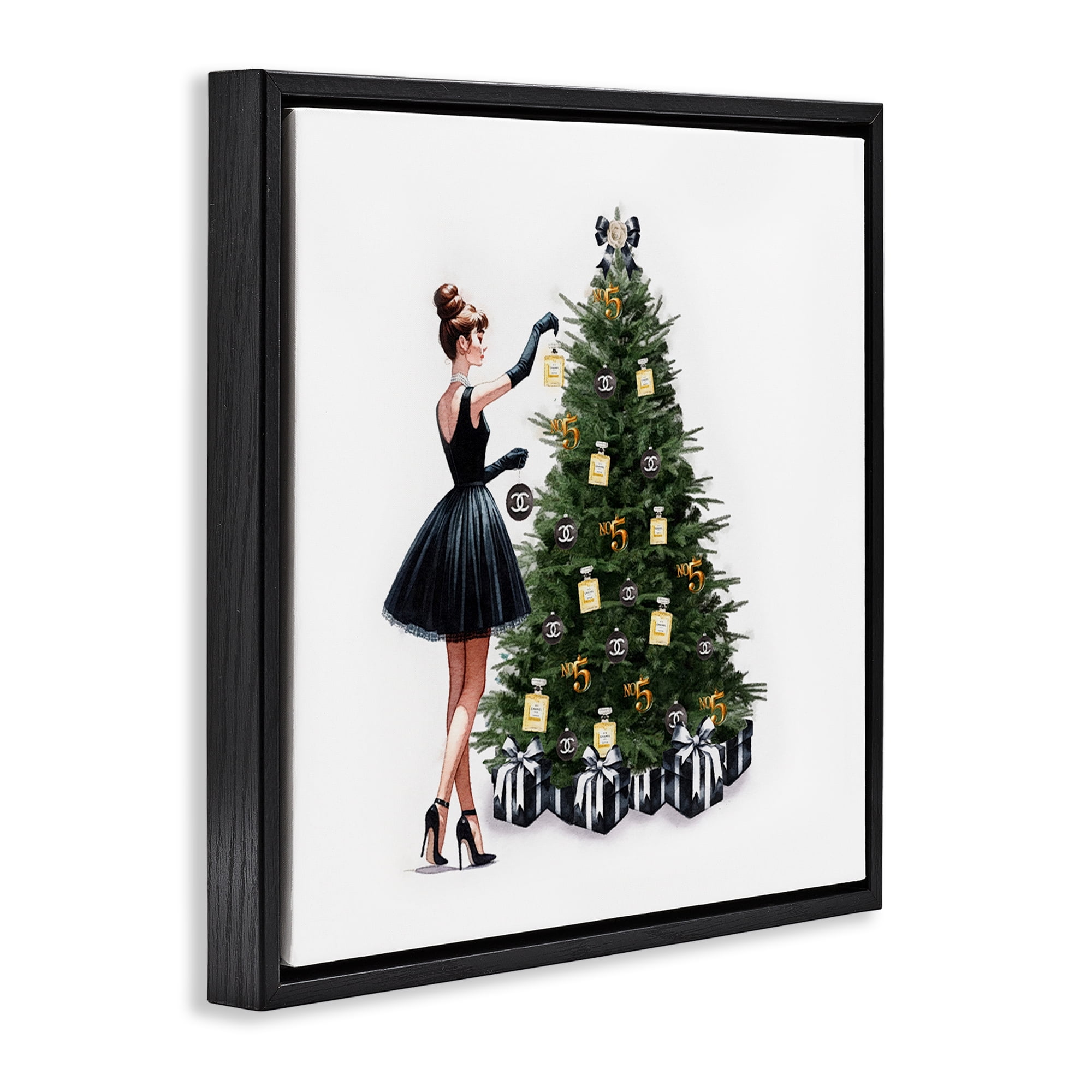 Stupell Industries Trendy Christmas Tree Holiday Painting Black Floater Framed Canvas Art Prints Wall Art, 25 x 25