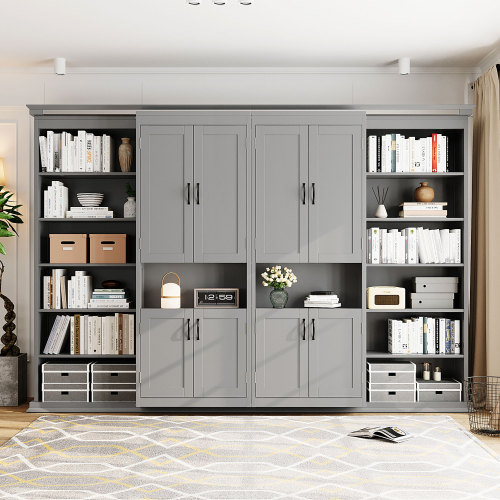 Full-Size Murphy Bed with 2 Sliding Cabinets and 12 Open Shelves, Hydraulic Hidden Wall Bed System, Space-Saving Design for Modern Homes, Gray