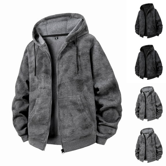 safuny Men's Hooded Jacket Loose Hooded Long Sleeve Dyed Pattern Comfortable Warm Daily Casual Outerwear Black L