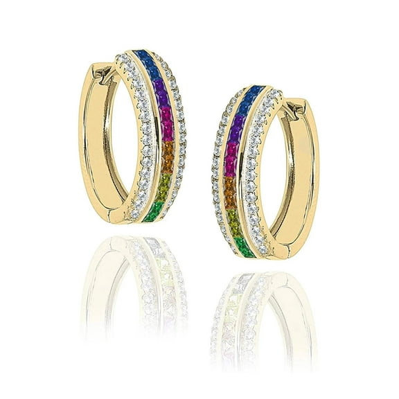 ADIRFINE 925 Sterling Silver CZ Princess Cut Rainbow Huggie Hoop Earrings