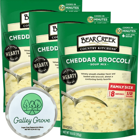 Bear Creek Cheddar Broccoli Dry Soup Mix Starter Kit, Just Add Water, Family Size (3-Pack) Pre-Packaged, Cooks in 10 Minutes, 24 Servings Bundle With Galley Grove Breath Mints
