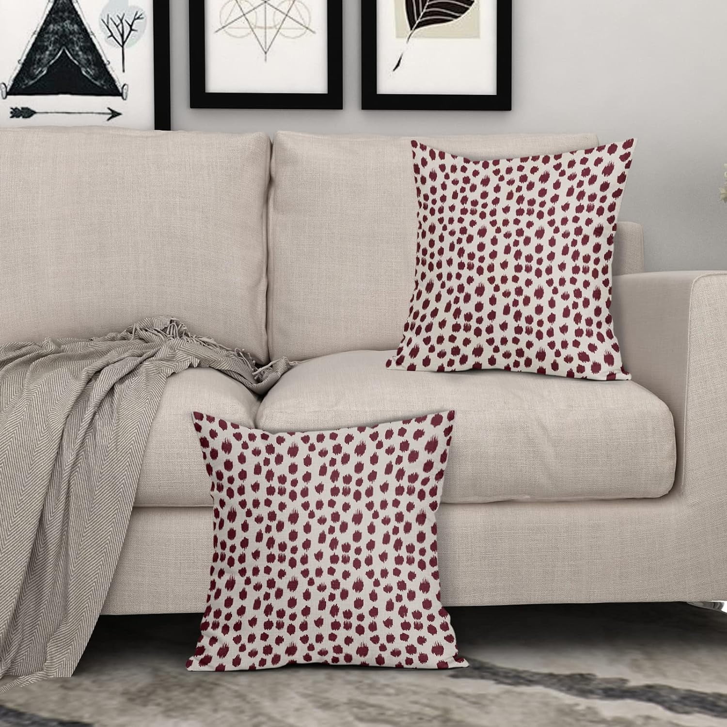Burgundy Cream Pillow Covers 18x18 Set of 2 Boho Design Polka Dot Throw Pillows Modern Brush Strokes Print Decorative Outdoor Pillowcase Square Cushion Cover Linen Pillow Case for Home Sofa Couch Bed