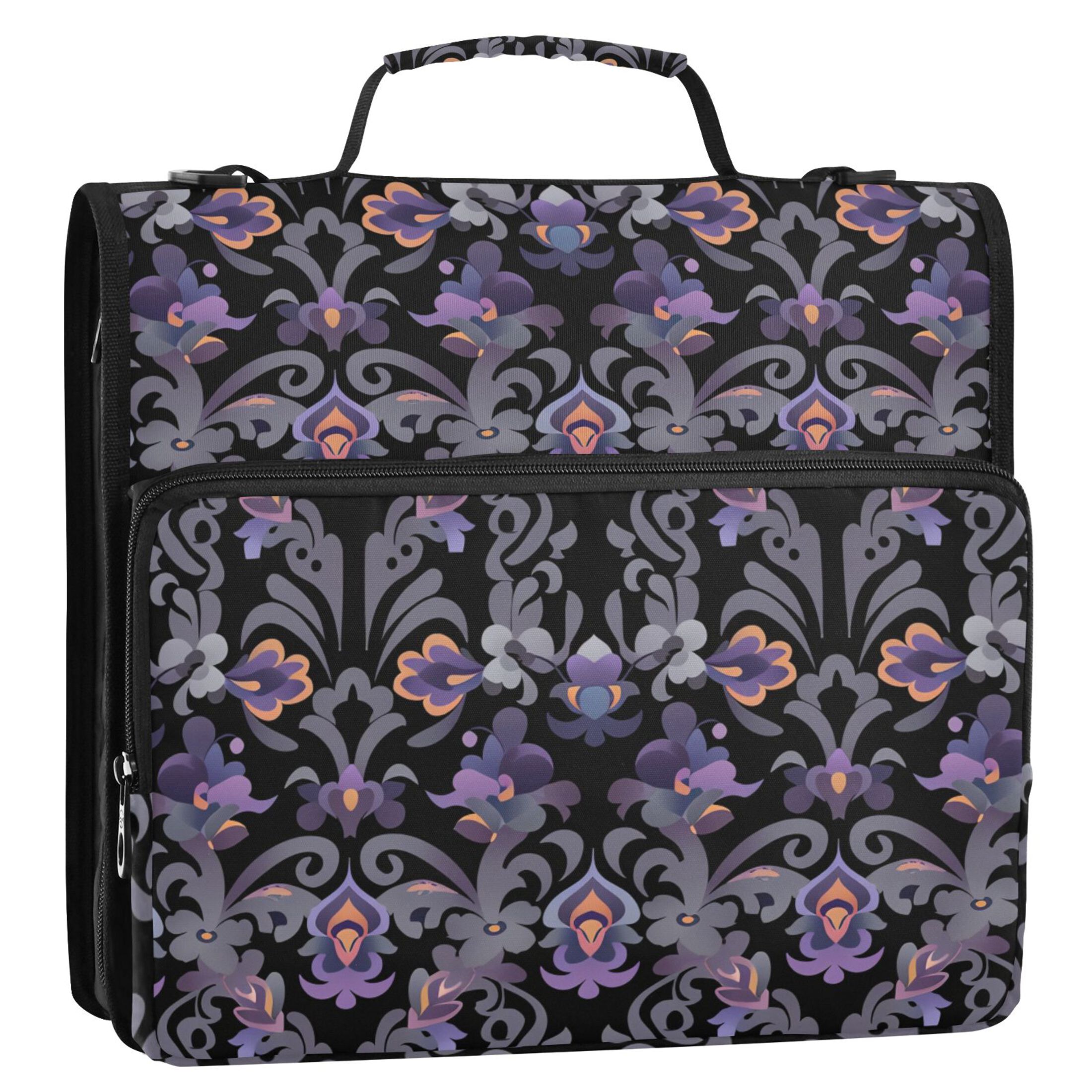 3 Ring Zipper Binder with Shoulder Strap Waterproof Trapper Keeper 2 Inch D-Ring 500 Sheets Capacity Purple Flower Pattern