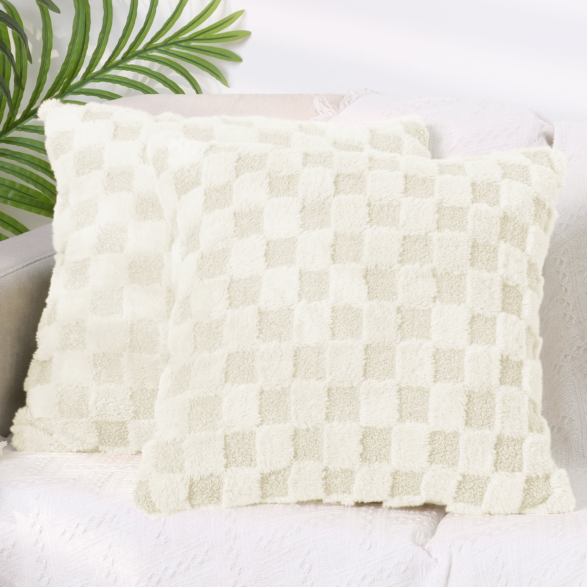 Unique Bargains Faux Fur Plaid Decorative Pillow Covers Square Pillowcase White 18" x 18"