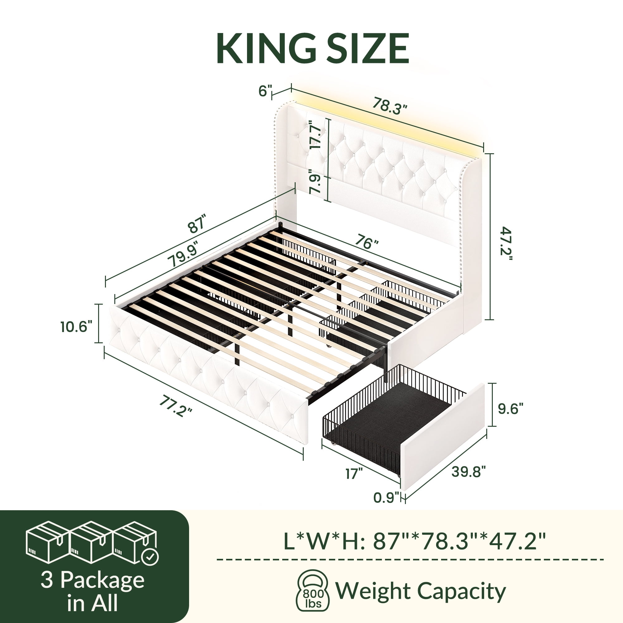 Breltam King Size Bed Frame with Storage Drawers and Tufted Headboard Velvet Upholstered Platform Bed Frame with LED Light Wingback, White