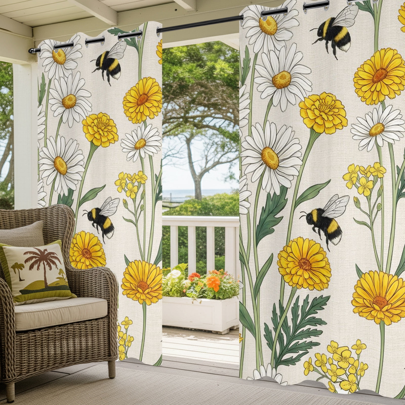 Summer Daisy Outdoor Curtains for Patio, Rustic White Yellow Flower Bee Pastoral Floral Sunshade Privacy Drapes Grommet Waterproof Outside Curtains for Porch/Cabana/Balcony 54"x 108", 2 Panel