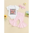 thumbnail image 4 of Baby Girls Summer Outfit, Short Sleeve Letters Print Romper with Plaid Flare Pants and Headband, 4 of 10
