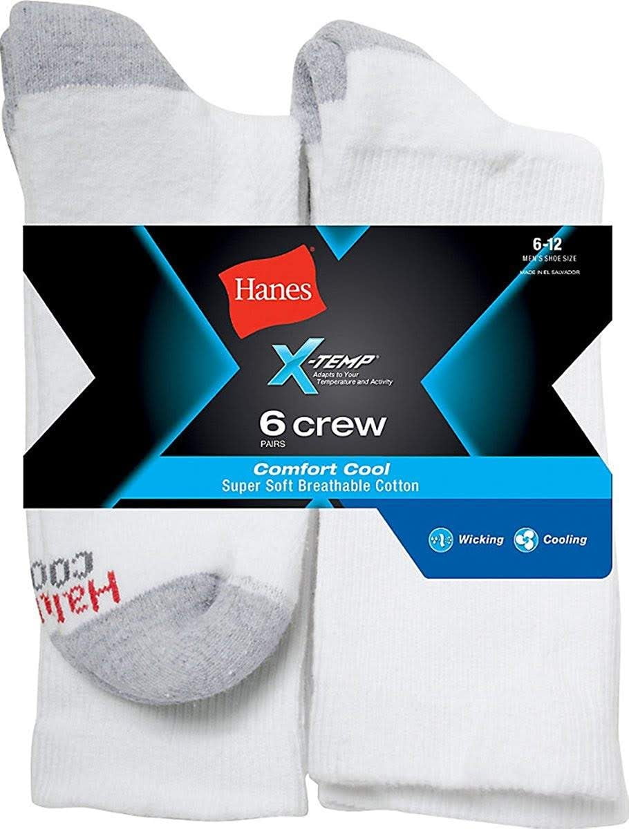 Hanes Men's 6Pack XTemp Comfort Cool Crew Socks White, (Shoe Size 6