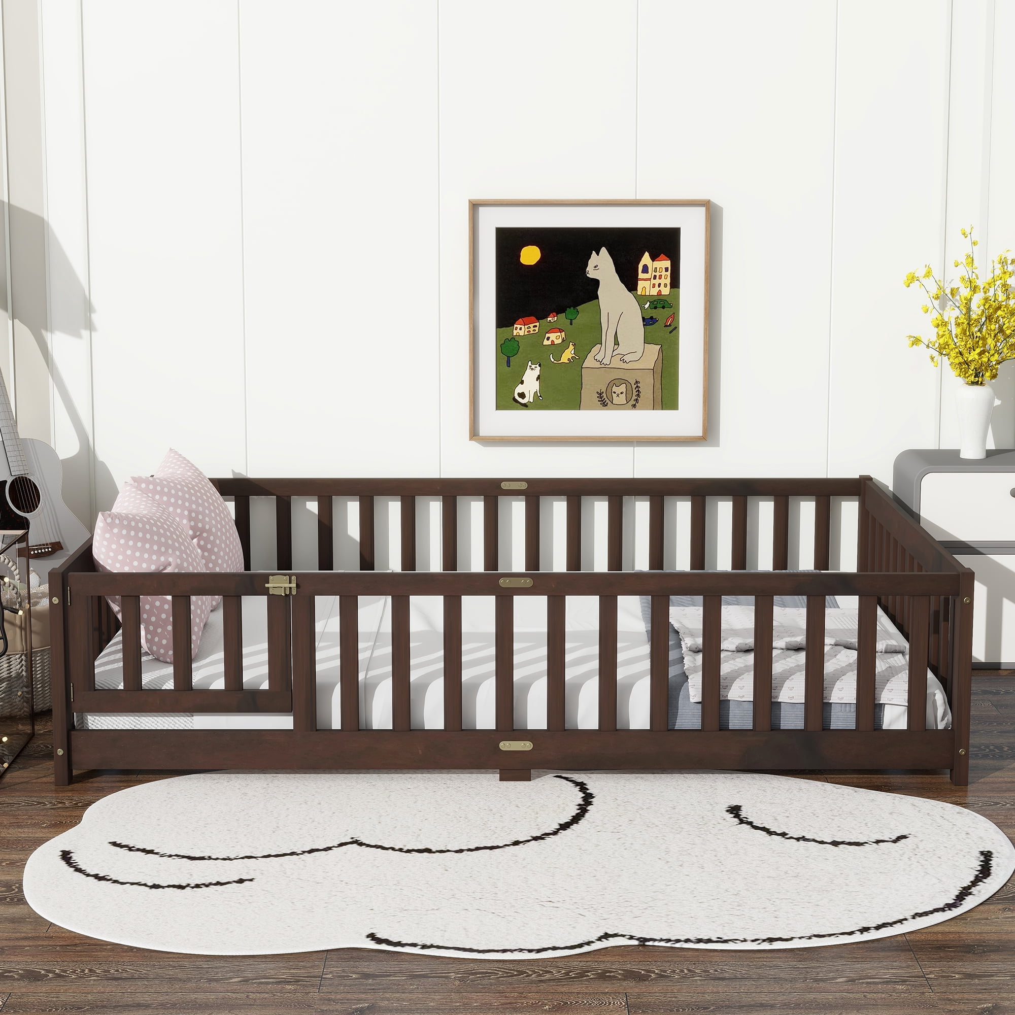 Miniyam Full Size Floor Bed with Guardrails and Door for Kids, Espresso
