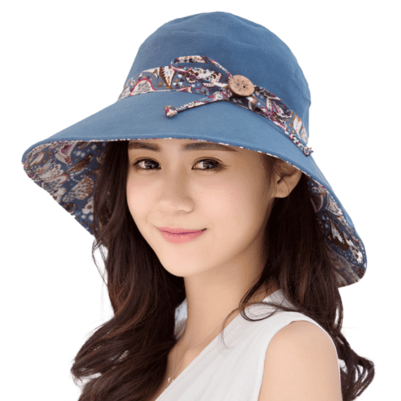 TELOLY Sun Hat Cotton Breathable Bucket Hat Windproof Rope Design Sun Hats for Women,Blue