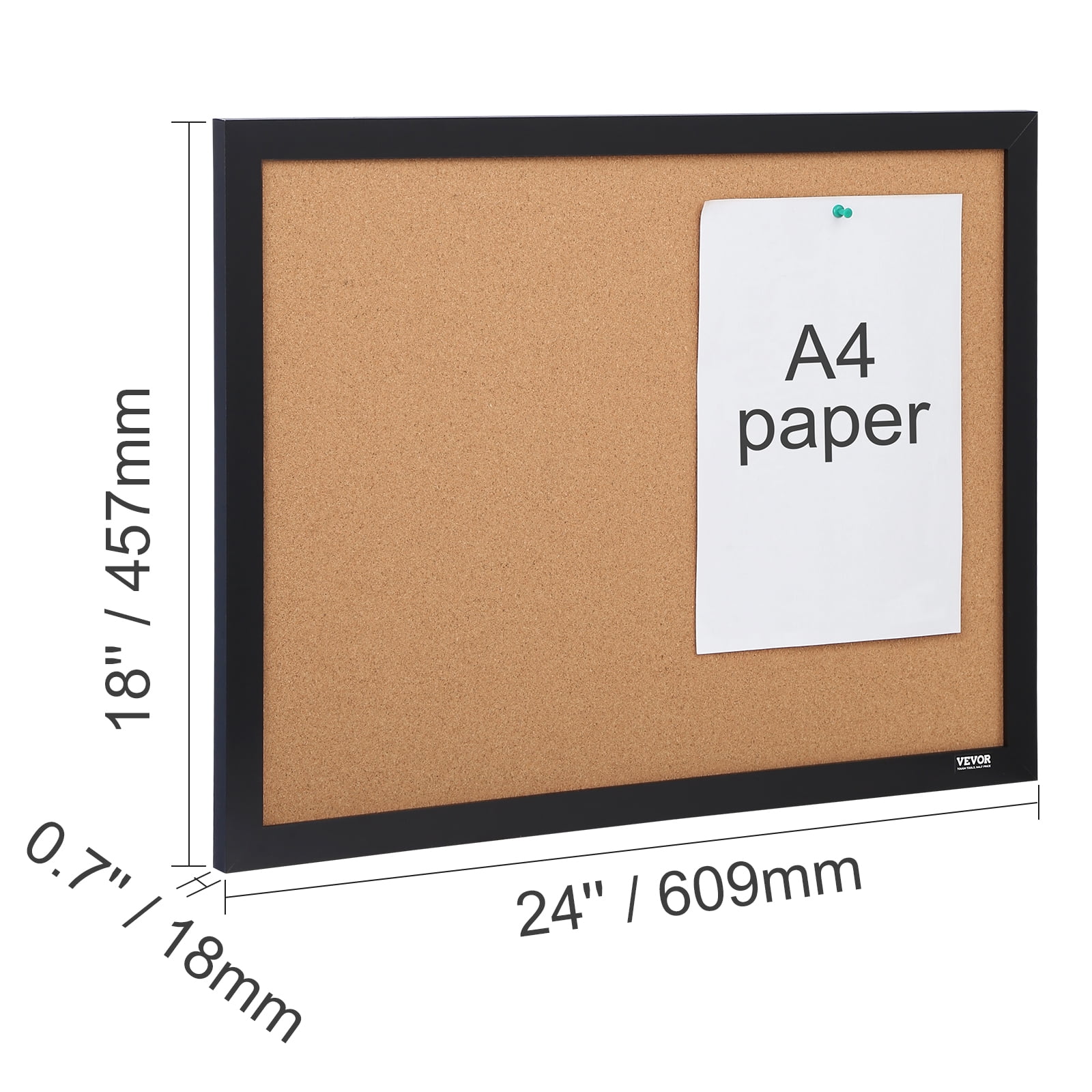 VEVOR Cork Board Bulletin Board 24" x 18" Notice Board Office Memo Board with MDF Sticker Frame Cork Bulletin Board Wall Mounted Board for Office Home and School with 10 Push Pins