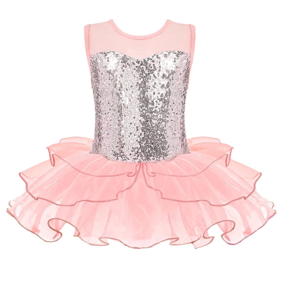 Oudiya Girls Ballet Leotards Sequin Sleeveless Mesh Tutu Dress Toddler Ballerina Dance Outfits, 2-9Y
