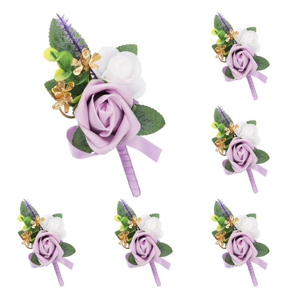 6pcs Light Purple Boutonnieres for Men, Artificial Flower Pocket Corsage for Wedding Party