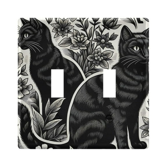 Black Cats with Flowers Light Switch Plate Covers 2 Gang Wall Plate Plastics Outlet Covers for Kitchen Home Office Decor