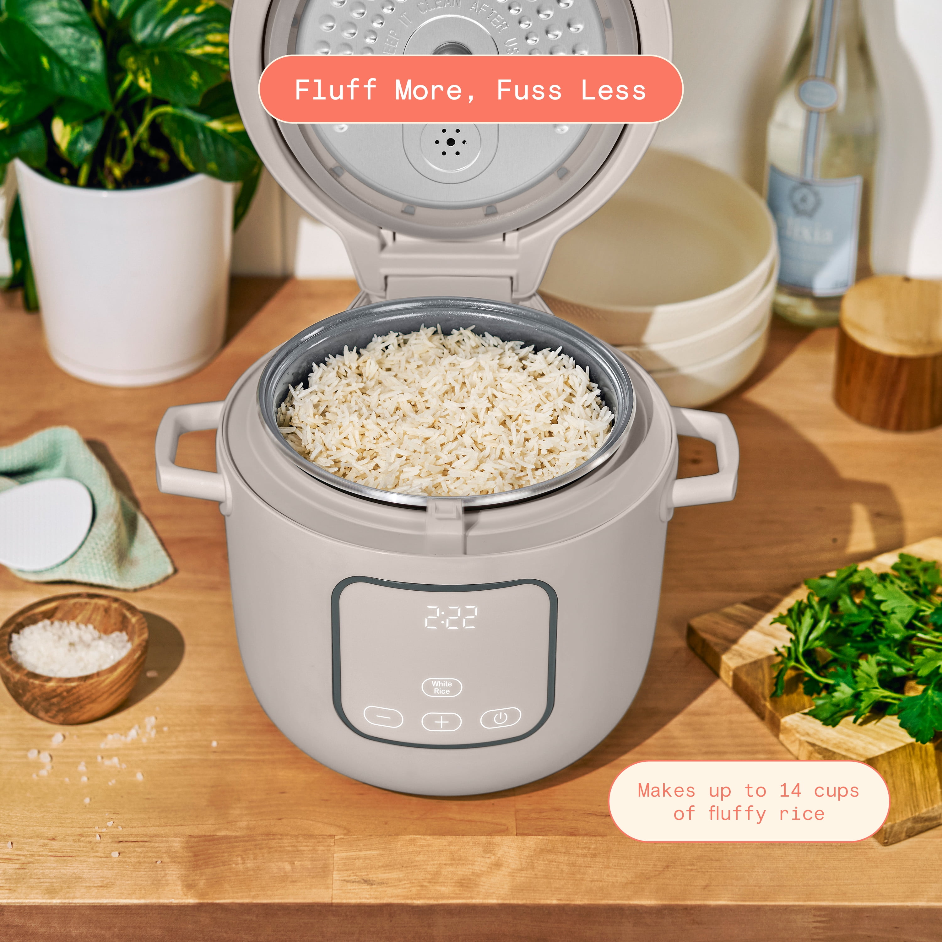 Beautiful 14-Cup Cooked, 6-Cup Uncooked Electric Rice and Grain Cooker, EverGood Ceramic Nonstick Coating, Porcini Taupe by Drew Barrymore