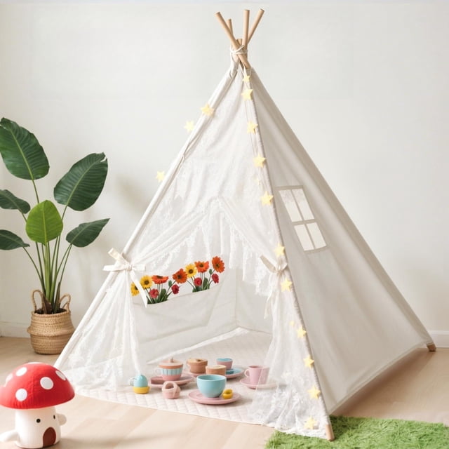 Tienda tipi Little Dove para niños con luces estrelladas y tapete