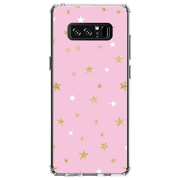 DistinctInk Clear Shockproof Hybrid Case for Samsung Galaxy Note 8 - TPU Bumper, Acrylic Back, Tempered Glass Screen Protector - Pink & Gold Print - Stars Pattern