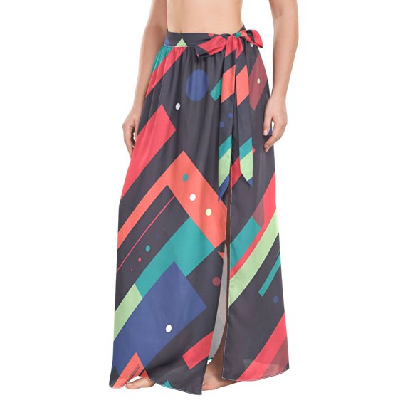 FORMRS Womens Long Sarong Beach Wrap Semi-Sheer Bikini Skirt Bathing Swimsuit Cover Up, Blue Abstract Lines