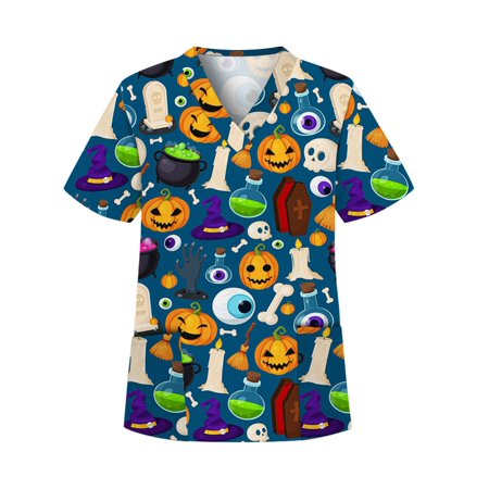 

CUE AIR Women Casual Tunic Shirts Halloween Cartoon Print Loose V Neck Scrub Tops Workwear Short Sleeve Pullover Top Shirts