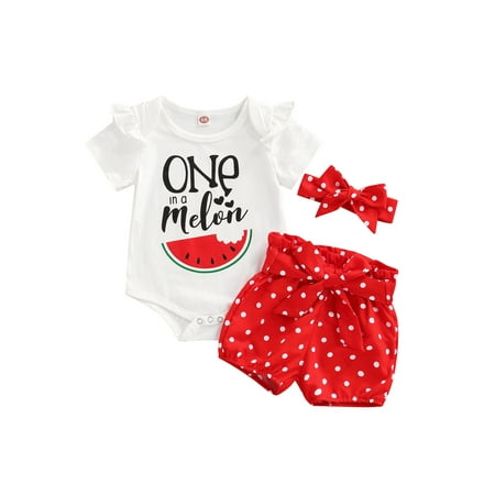 

Bagilaanoe 3-24M Infant Baby Girls Outfits Letters and Watermelon Print Short Sleeve RomperTops Dots Shorts Headdress 3pcs Summer Sets