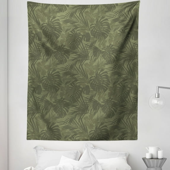 Vintage Palm Tapestry, Monochrome Style Arrangement of Leaves Tropical Plantation, Fabric Wall Hanging Decor for Bedroom Living Room Dorm, 5 Sizes, Slate Brown Army Green, by Ambesonne