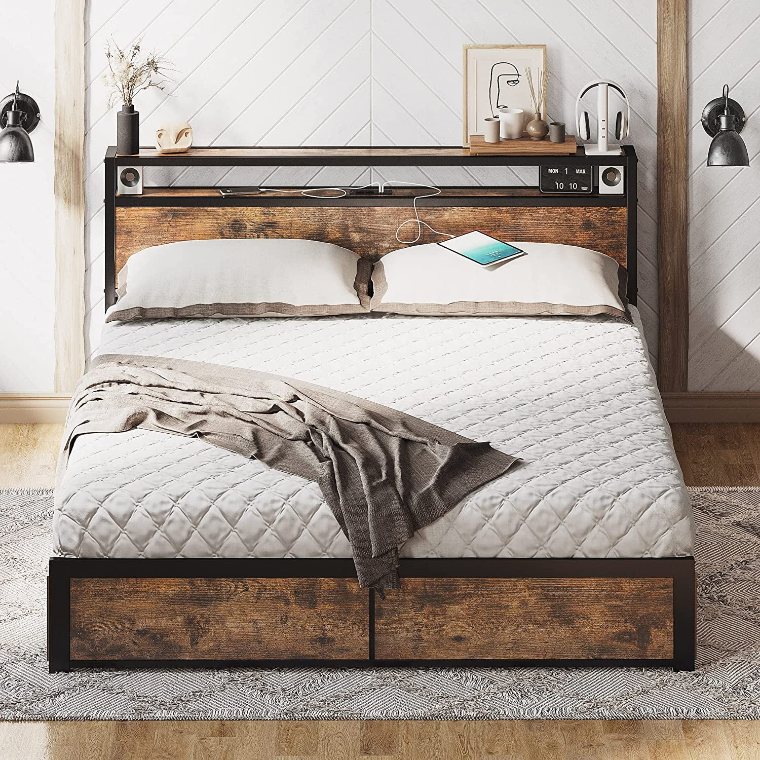 Likimio Queen Bed Frame Platform With Storage Headboard - Hanaposy