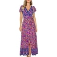 thumbnail image 1 of Vestido largo bohemio con estampado floral, cuello en V, manga corta, abertura para fiesta en la playa para mujer, 1 of 8