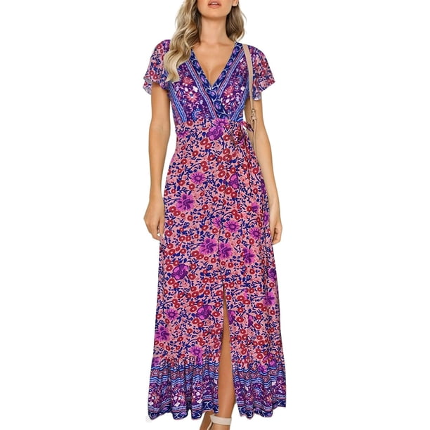 Vestido largo bohemio con estampado floral, cuello en V, manga corta, abertura para fiesta en la playa para mujer