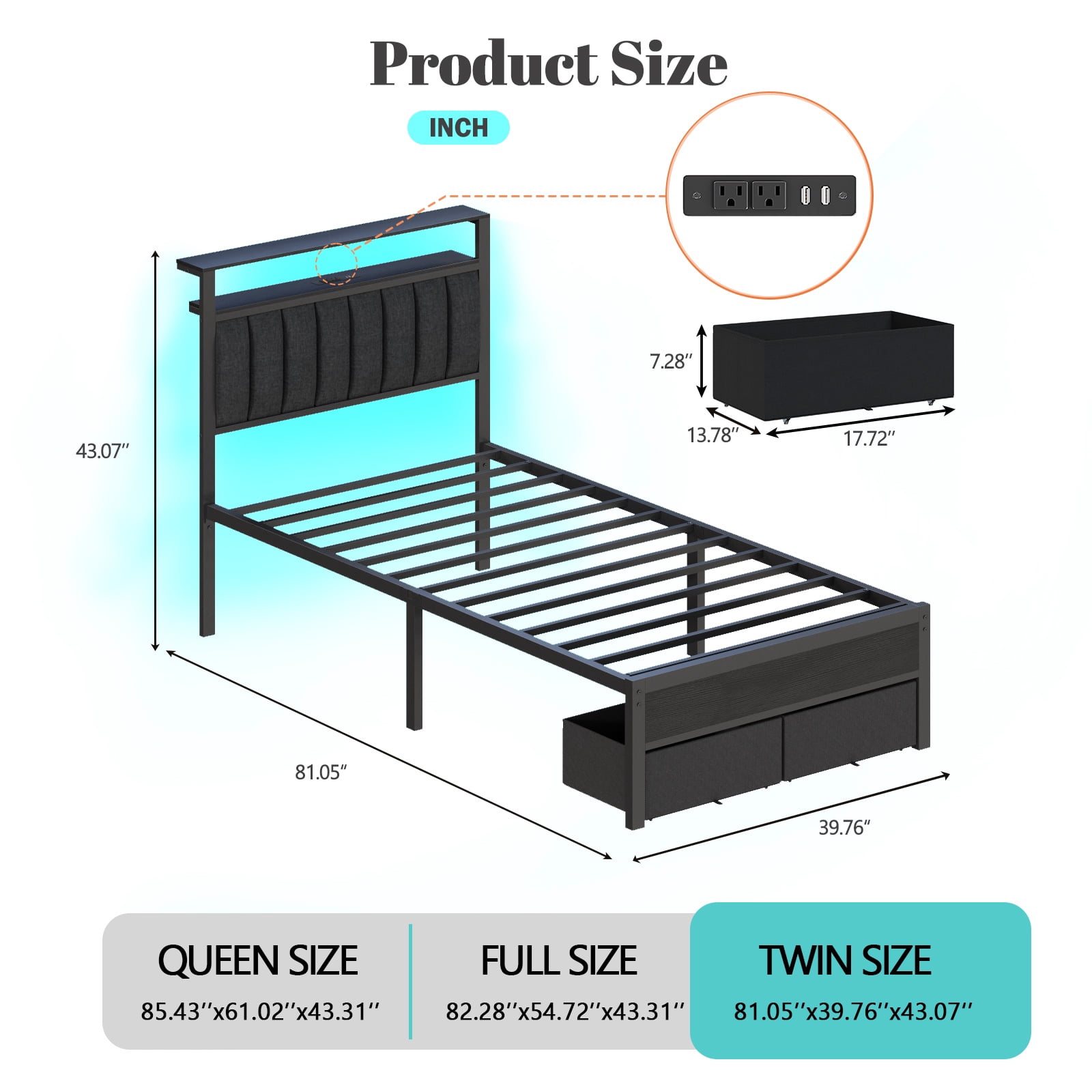 BYT Twin Bed Frame with 2 Drawers & Storage Headboard, Platform Metal Bed with 2 USB Ports and Outlets, No Box Spring Needed