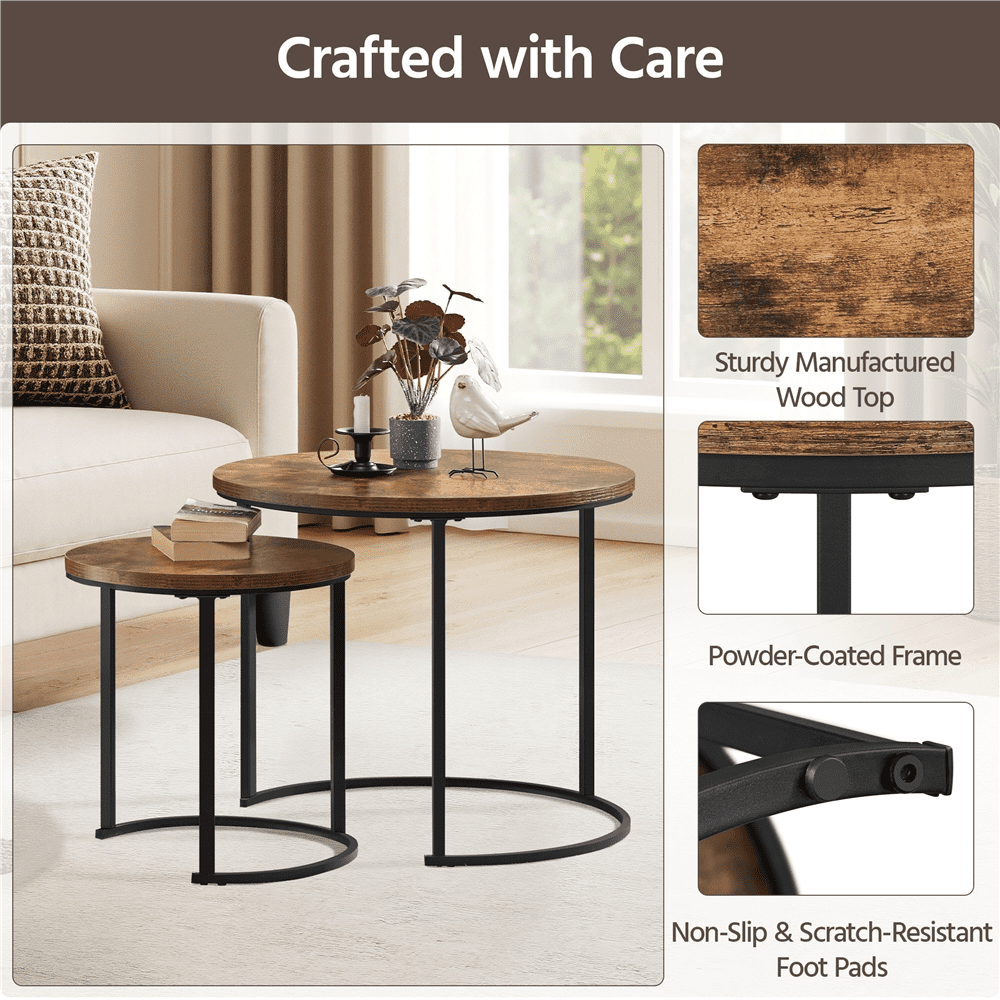Alden Design Nesting Coffee Table Set with Round Wooden Tabletop for Living Room, Rustic Brown