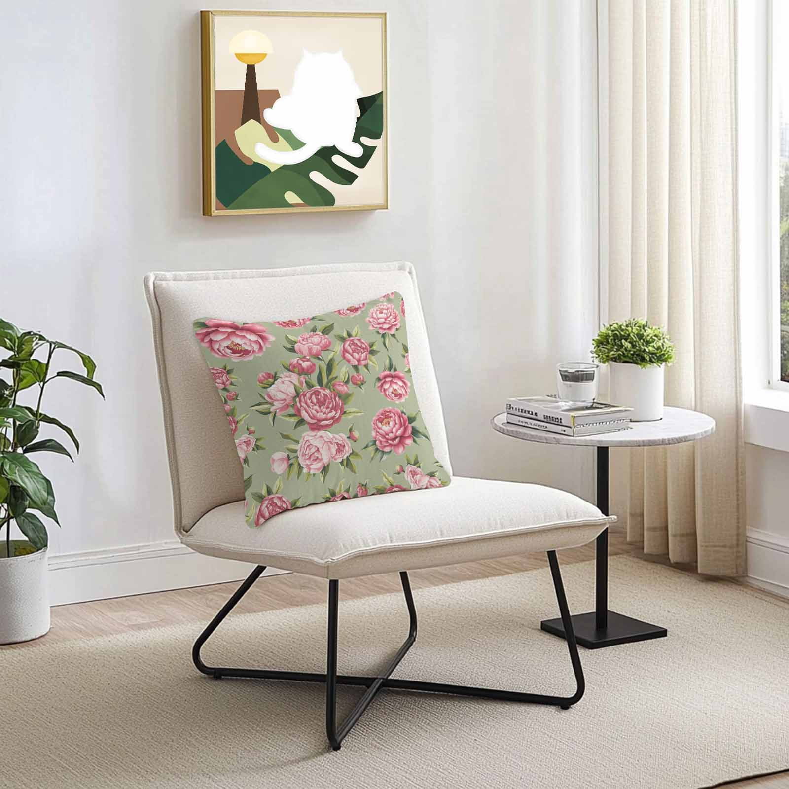 Outdoor Waterproof Throw Pillow Covers Set of 2 Pink Rose Floral Decorative Pillowcases Square Outdoor Pillows Cushion Case 18x18 Inch Sage Green Leaves Flowers Patio Pillows for Couch Sofa Bed