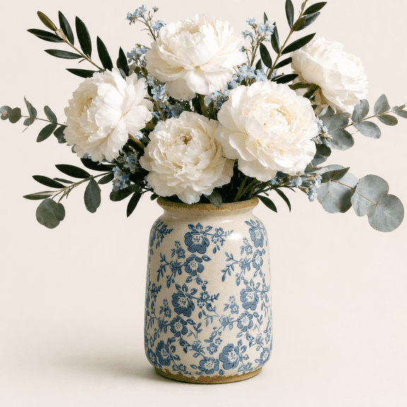 Blue and White Chinoiserie Ceramic Vase Hand-Painted Peony Antique Style Home Decor