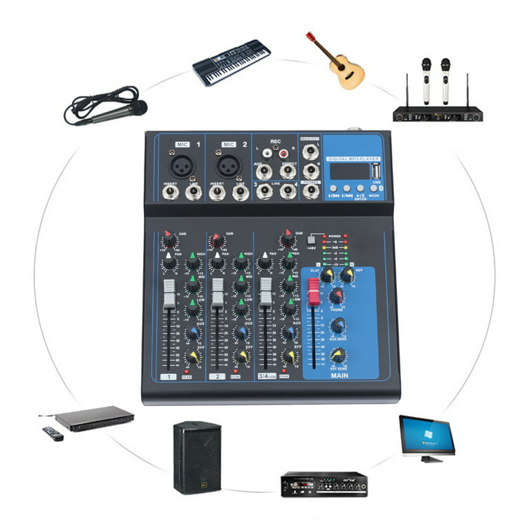 Miumaeov Professional 4-Channel Audio Mixer Sound Board Bluetooth USB Live  Studio Mixer with USB Drive for PC Recording 48V Phantom Power Stereo DJ  Studio Streaming 
