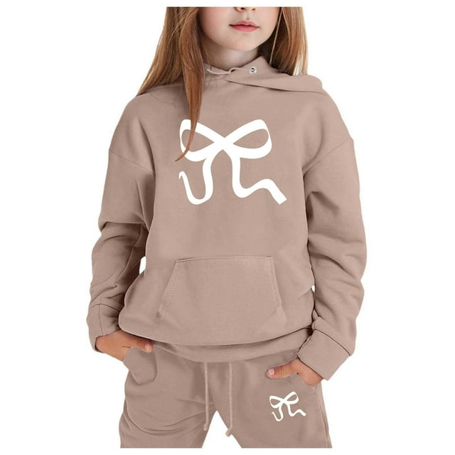 GDREDA Girls Sets 2 Piece Outfits Spring Children's Hoodie Set With Bow Print Khaki,12-13Years