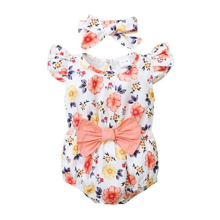 

Baby Girl Clothes 6 Months Baby Girls Summer Bodysuit 9 Months Baby Girl Fly Ruffled Sleeve Floral Bodysuit Headband 2PCS Set Red