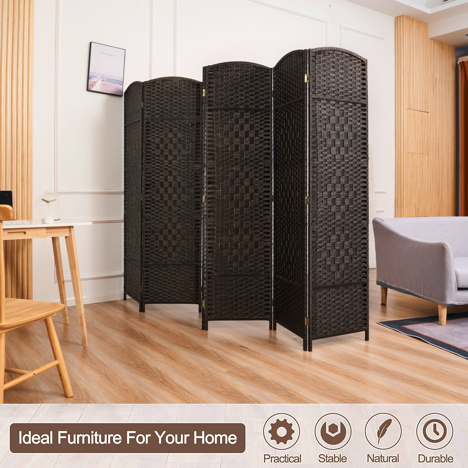 Buy 5.7ft Wood Fiber Woven Room Divider 6 Panels, Foldable Mobile Black