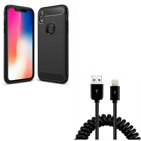 USB Cable w Case for iPhone XR - Coiled Charger Cord Power Sync, Carbon Fiber Slim Fit Cover Reinforced Bumper Shock Absorbent Compatible With iPhone XR