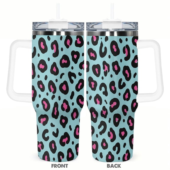 40oz Blue Leopard Print Tumbler with Handle and Straw Pink Animal Pattern Stainless Steel Insulated Travel Coffee Cup Gift