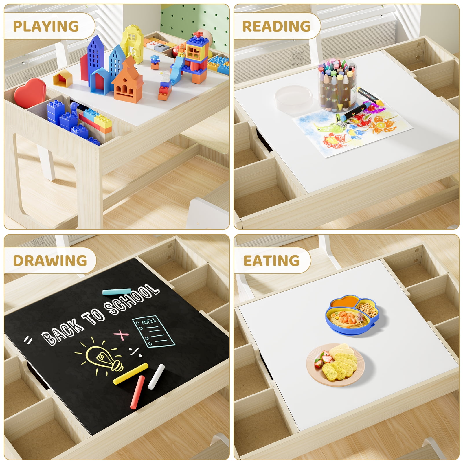 Arlopu Kids Table and Chair Set with Blackboard and Storage Space for Drawing, Reading, Build Blocks