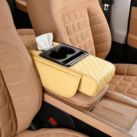 Multifunctional PU Leather Car Armrest Organizer, 4-in-1 Cover with Cup Holder Tissue Box & Phone Slot