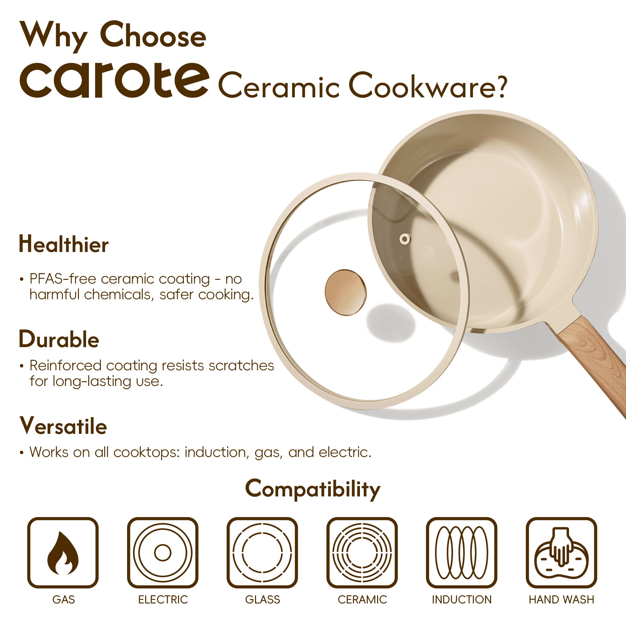 Carote 3 QT Ceramic Nonstick Sauté Pan with Lid, 9.5" Deep Frying Pan, Induction Compatible, Easy to Clean, Oatmeal