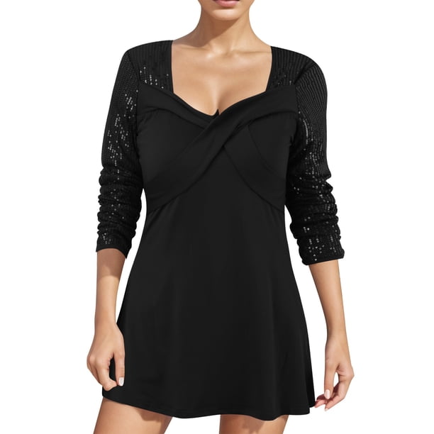 Gibobby Vestidos fiesta Camiseta mujer con dobladillo y cuello en V plisado con presión en la cintura y con cuentas para mujer(Negro, L)