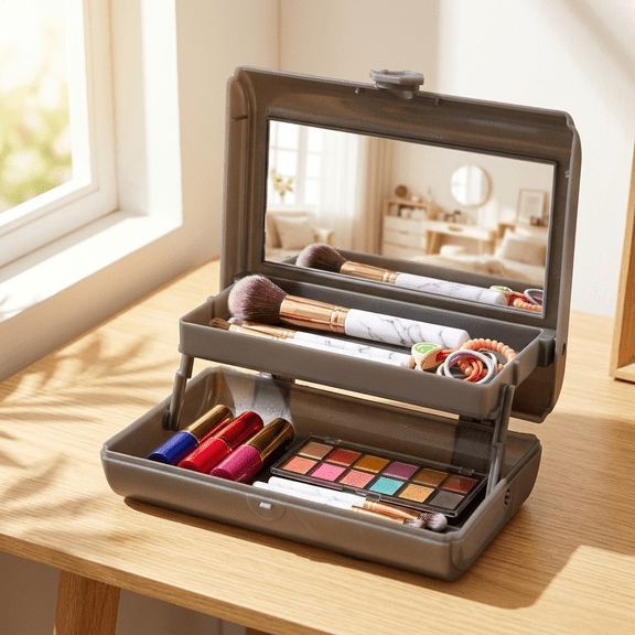 Makeup Box with Mirror | 2 Layer Folding Cosmetic Organizer | Portable Travel Storage Bag for Makeup Brushes & Lipstick | Compact Case for Students, Home, or Travel