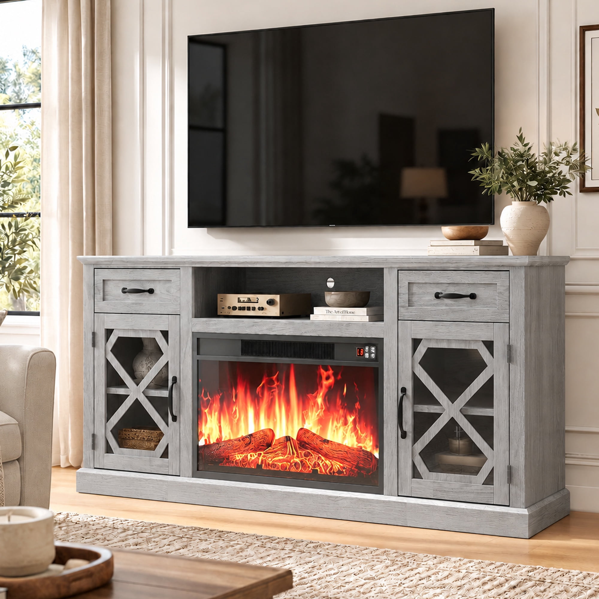 LEGAHOME Gray Fireplace TV Stand for 65 inch TV, Farmhouse 59in Entertainment Center with 23in Electric Fireplace, 2 Drawers and Glass Door, for 400Sqt Heating Area