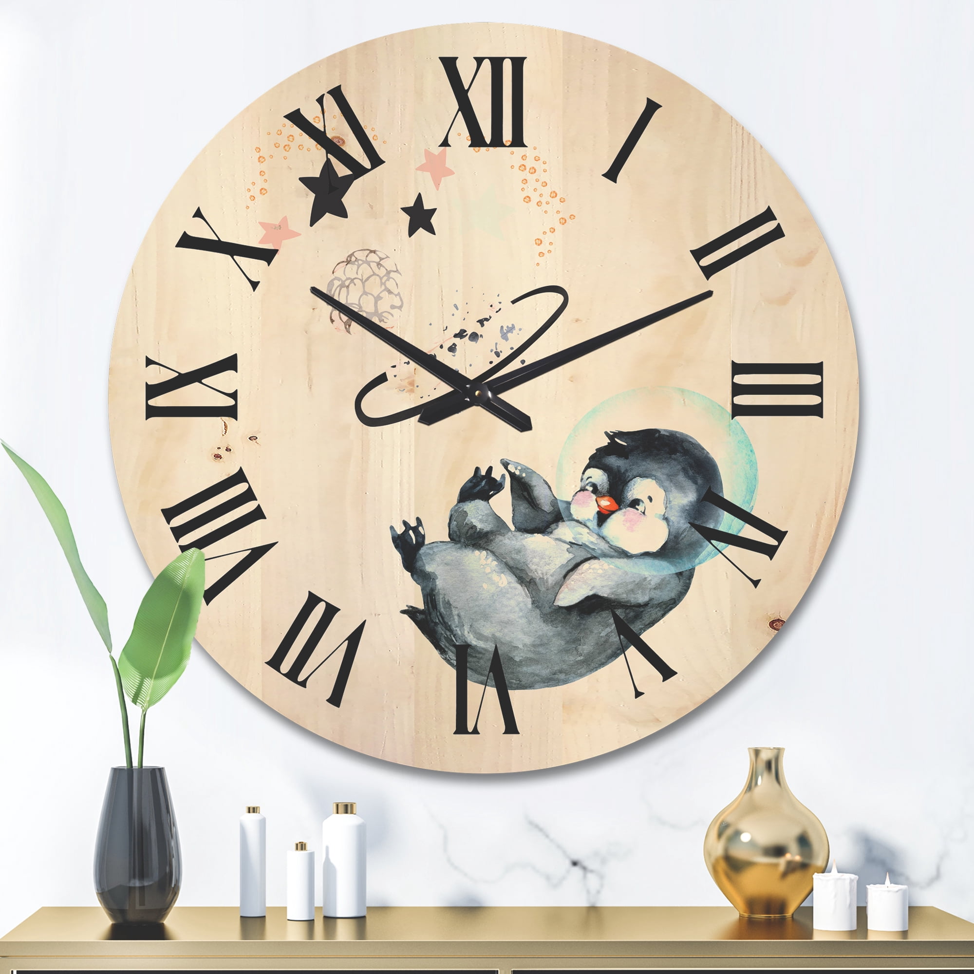 Designart 'Little Penguin With Planets and Stars I' Farmhouse Wood Wall Clock