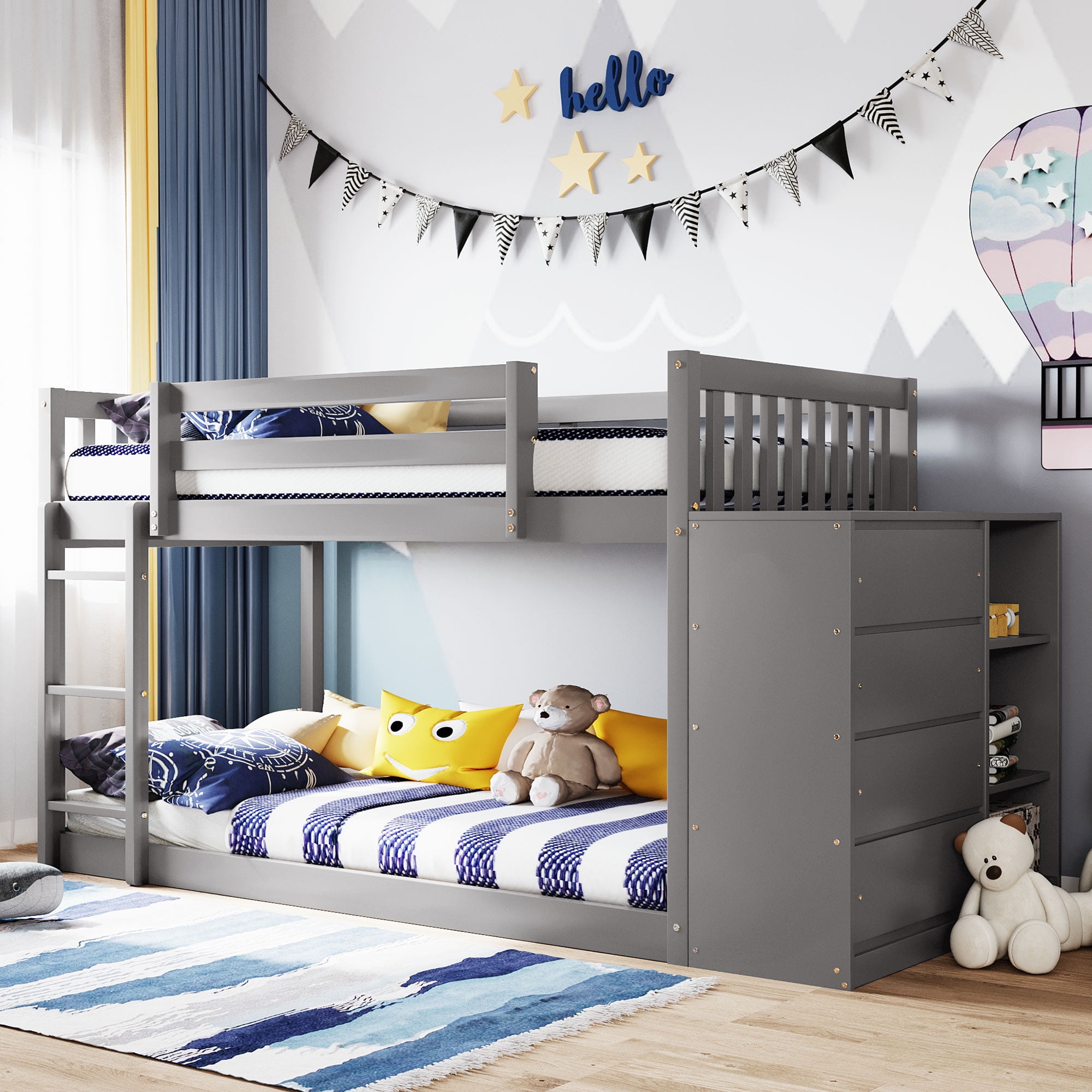 Modstyle Twin Over Twin Bunk Bed with Drawers and Shelves for Bedroom